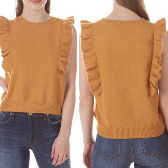 Dreamers Sweaters - DREAMERS BY DEBUT Women's Ochre Ruffle Detail Sleeveless Vest/Sweater Size M
